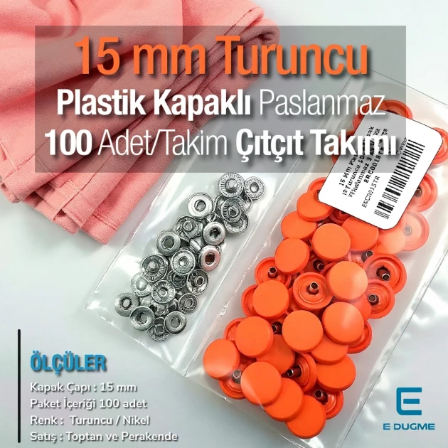 Çıtçıt Takımı 15 mm Plastik Kapaklı Turuncu 100 adet/pkt ERC0015PLOrg