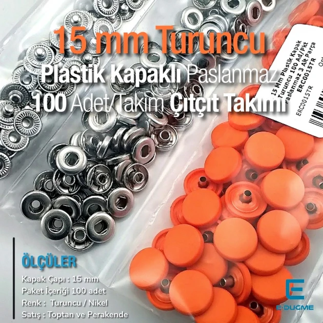 Çıtçıt Takımı 15 mm Plastik Kapaklı Turuncu 100 adet/pkt ERC0015PLOrg