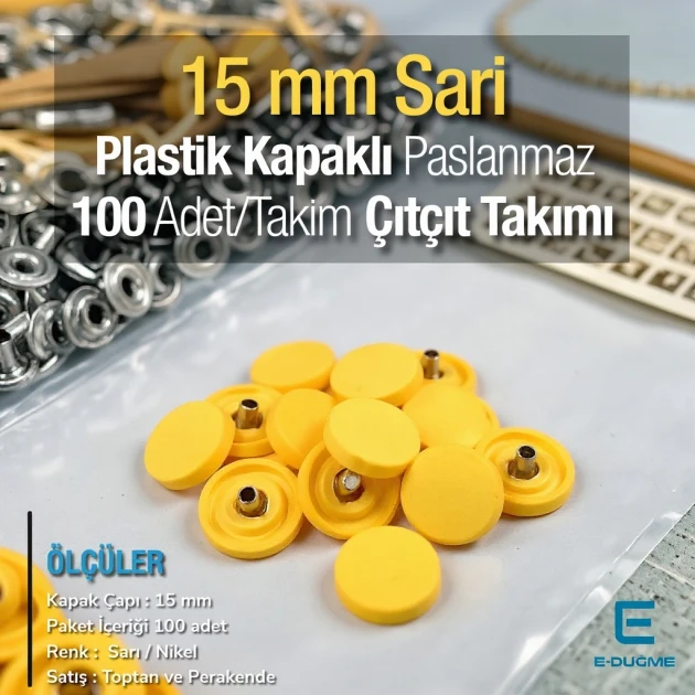 Çıtçıt Takımı 15 mm Plastik Kapaklı Sarı 100 adet/pkt ERC0015PLSari