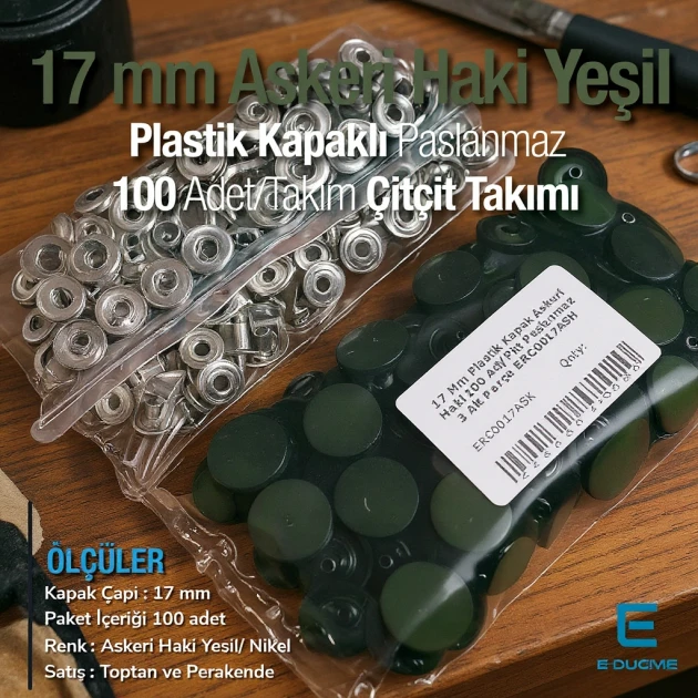 17 mm - 0,67" Military Khaki Green Plastic Cap Snap Fastener Set with 100 pieces/pack ERC0017PLAHYesil