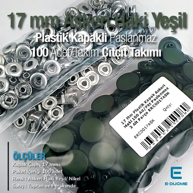 17 mm - 0,67" Military Khaki Green Plastic Cap Snap Fastener Set with 100 pieces/pack ERC0017PLAHYesil