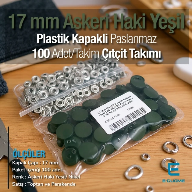 17 mm - 0,67" Military Khaki Green Plastic Cap Snap Fastener Set with 100 pieces/pack ERC0017PLAHYesil