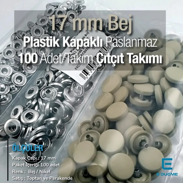 Çıtçıt Takımı 17 mm Plastik Bej Kapaklı 100 adet/pkt ERC0017PLBej