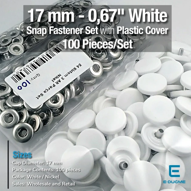 17 mm - 0,67" White Plastic Cap Snap Fastener Set with 100 pieces/pack ERC0017PLBeyaz