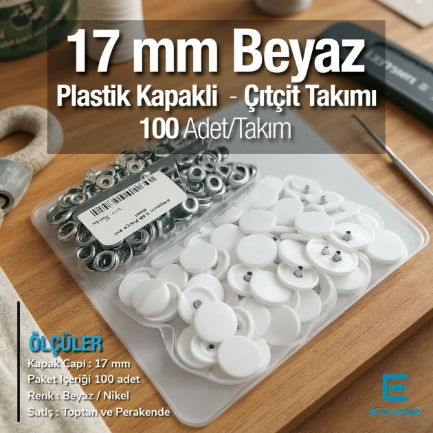 17 mm - 0,67" White Plastic Cap Snap Fastener Set with 100 pieces/pack ERC0017PLBeyaz