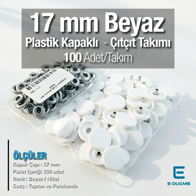 17 mm - 0,67" White Plastic Cap Snap Fastener Set with 100 pieces/pack ERC0017PLBeyaz