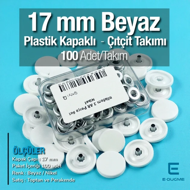 17 mm - 0,67" White Plastic Cap Snap Fastener Set with 100 pieces/pack ERC0017PLBeyaz