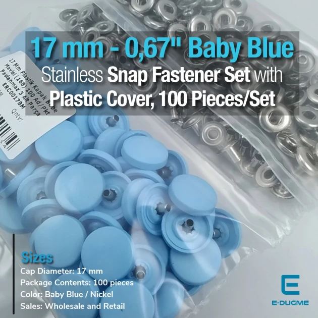 17 mm Snap Fastener Set with Cap Plastic 0,67" Baby Blue 100 pieces/pack ERC0017PLBmavi