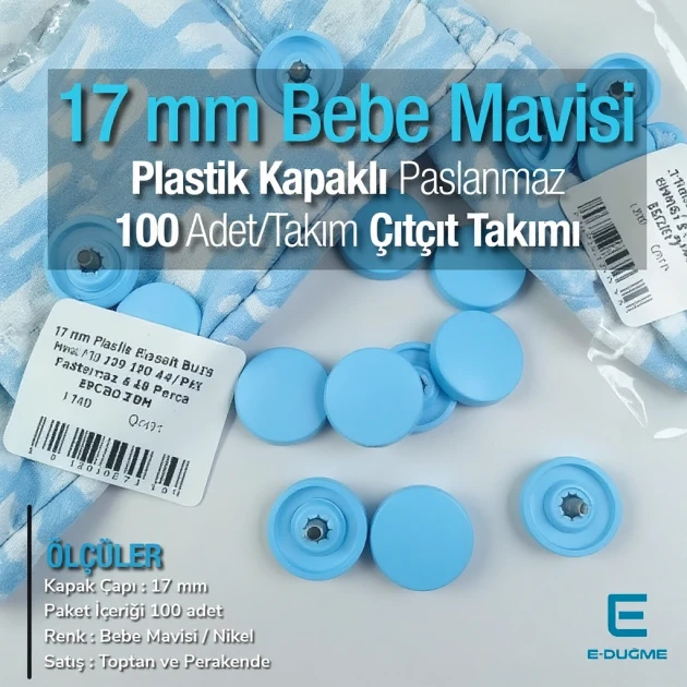 17 mm Snap Fastener Set with Cap Plastic 0,67" Baby Blue 100 pieces/pack ERC0017PLBmavi