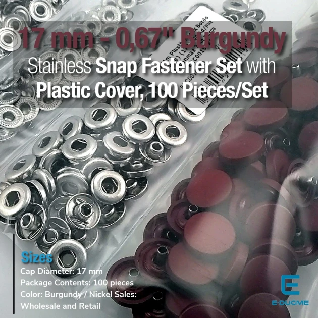 Çıtçıt Takımı 17 mm Plastik Bordo Kapaklı 100 adet/pkt ERC0017PLBrd