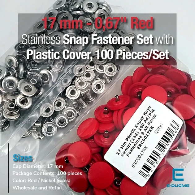 17 mm Snap Fastener Set with Cap Plastic 0,67" Red 100 pieces/pack ERC0017PLDRed