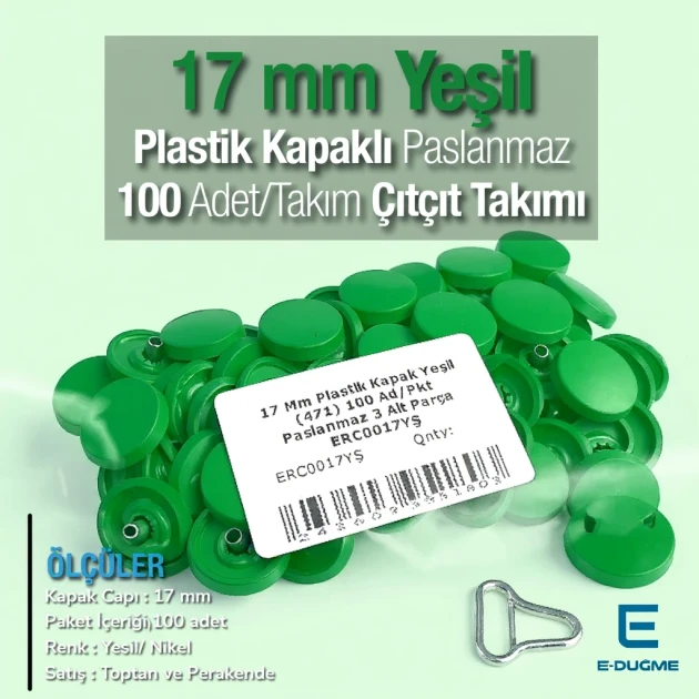 17 mm - 0,67" Plastic Cap Green Snap Fastener Set with 100 pieces/pack ERC0017PLYesil