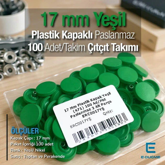 17 mm - 0,67" Plastic Cap Green Snap Fastener Set with 100 pieces/pack ERC0017PLYesil