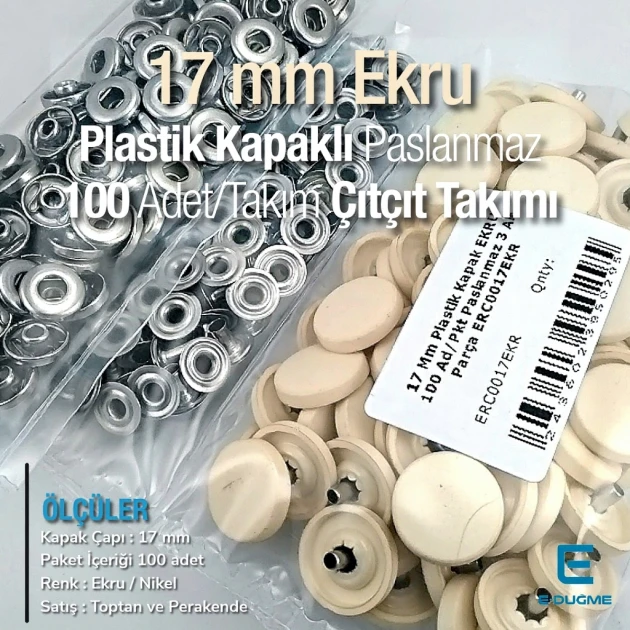 0,67" Snap Fastener Set with Cap Plastic 17 mm  Ecru 100 pieces/pack ERC0017PLEcru