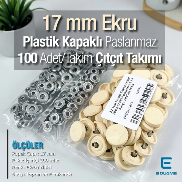 0,67" Snap Fastener Set with Cap Plastic 17 mm  Ecru 100 pieces/pack ERC0017PLEcru