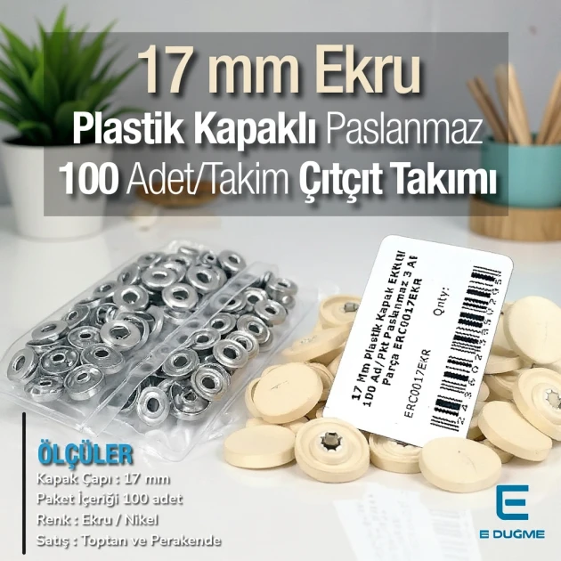 0,67" Snap Fastener Set with Cap Plastic 17 mm  Ecru 100 pieces/pack ERC0017PLEcru