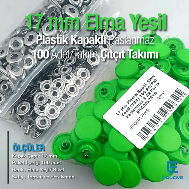 17 mm - 0,67" Snap Fastener Set with Cap Plastic Apple Green 100 pieces/pack ERC0017PLEYesil