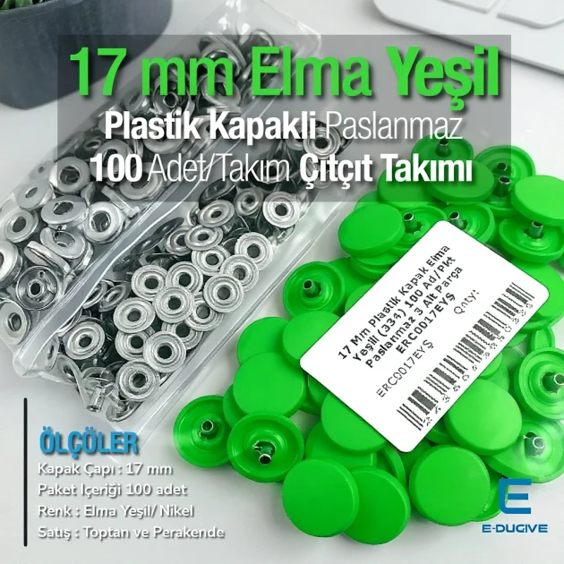17 mm - 0,67" Snap Fastener Set with Cap Plastic Apple Green 100 pieces/pack ERC0017PLEYesil