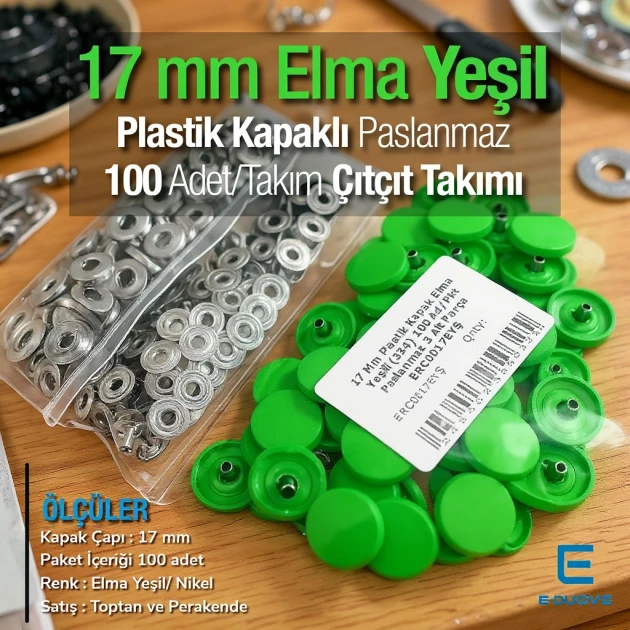 17 mm - 0,67" Snap Fastener Set with Cap Plastic Apple Green 100 pieces/pack ERC0017PLEYesil