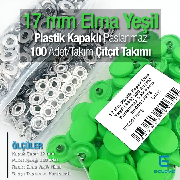 17 mm - 0,67" Snap Fastener Set with Cap Plastic Apple Green 100 pieces/pack ERC0017PLEYesil