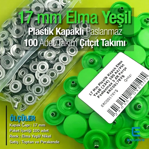 17 mm - 0,67" Snap Fastener Set with Cap Plastic Apple Green 100 pieces/pack ERC0017PLEYesil