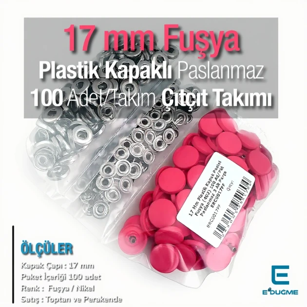 Çıtçıt Takımı 17 mm Plastik Fuşya Kapaklı 100 adet/pkt ERC0017PLFsy