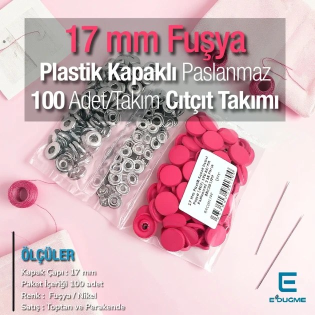 Çıtçıt Takımı 17 mm Plastik Fuşya Kapaklı 100 adet/pkt ERC0017PLFsy