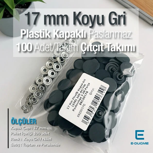 17 mm Snap Fastener Set with Cap Plastic 0,67" Dark Grey 100 pieces/pack ERC0017PLGri