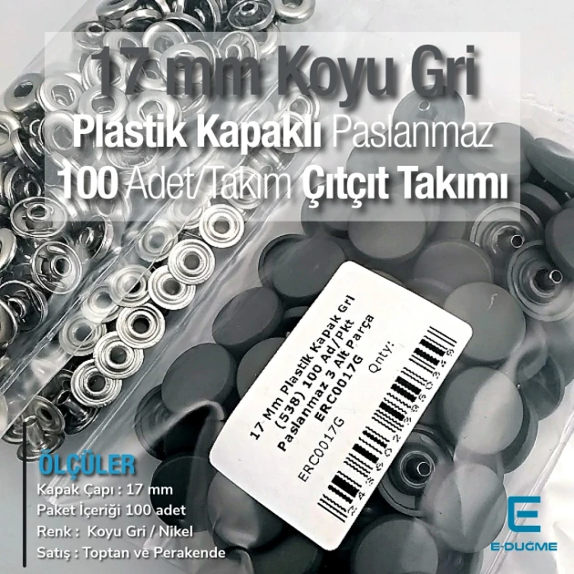 17 mm Snap Fastener Set with Cap Plastic 0,67" Dark Grey 100 pieces/pack ERC0017PLGri