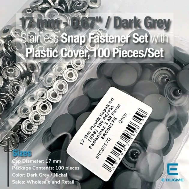 17 mm Snap Fastener Set with Cap Plastic 0,67" Dark Grey 100 pieces/pack ERC0017PLGri