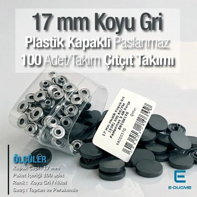 17 mm Snap Fastener Set with Cap Plastic 0,67" Dark Grey 100 pieces/pack ERC0017PLGri