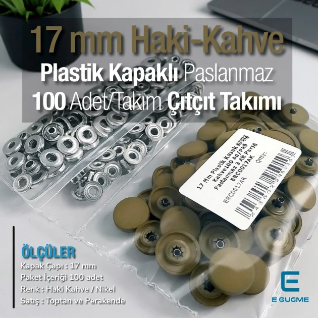 17 mm Snap Fastener Set with Cap Plastic 0,67" Coffee Khaki 100 pieces/pack ERC0017PLKHaki