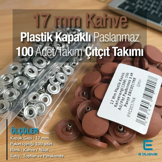 17 mm - 0,67" Brown Snap Fastener Set with Cap Plastic 100 pieces/pack ERC0017PLKahve