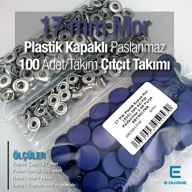 Plastik Kapaklı Çıtçıt Takımı 17 mm Mor 100 adet/pkt ERC0017PLMor