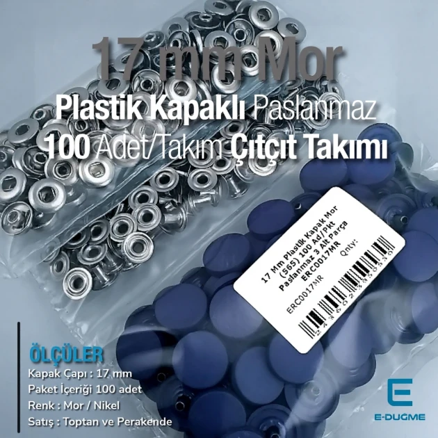 Plastik Kapaklı Çıtçıt Takımı 17 mm Mor 100 adet/pkt ERC0017PLMor