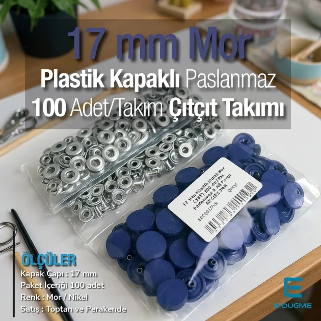 Plastik Kapaklı Çıtçıt Takımı 17 mm Mor 100 adet/pkt ERC0017PLMor