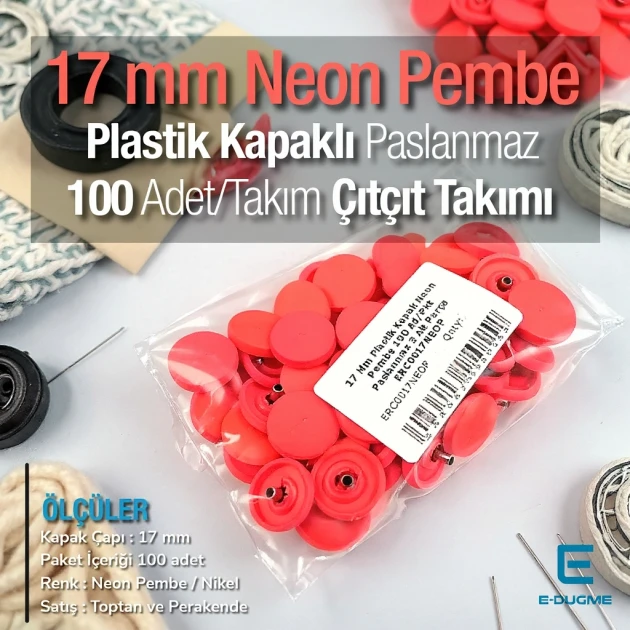 17 mm - 0,67" Plastic Cap Snap Fastener Set with Neon Pink 100 pieces/pack ERC0017PLNPembe
