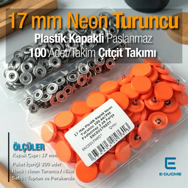 Plastik Kapaklı Çıtçıt Takımı 17 mm Neon Turuncu 100 adet/pkt ERC0017PLNTuruncu