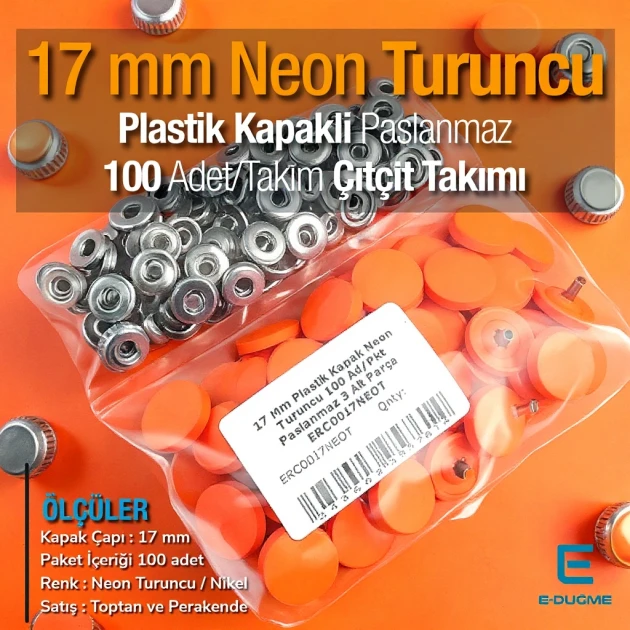Plastik Kapaklı Çıtçıt Takımı 17 mm Neon Turuncu 100 adet/pkt ERC0017PLNTuruncu