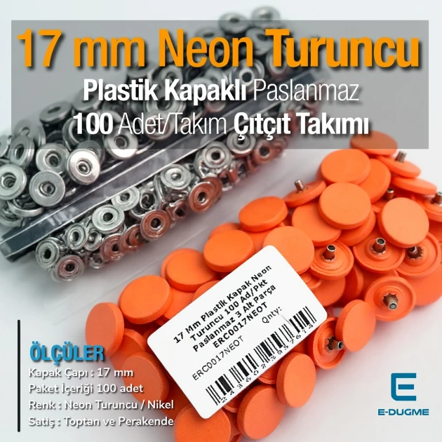 Plastik Kapaklı Çıtçıt Takımı 17 mm Neon Turuncu 100 adet/pkt ERC0017PLNTuruncu