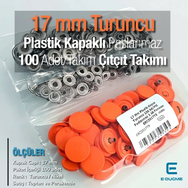 17 mm - 0,67" Plastic Cap Snap Fastener Set with Orange 100 pieces/pack ERC0017PLOrange