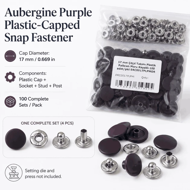 17 mm Aubergine Purple Plastic-Capped Snap Fastener Set for Apparel and Accessories