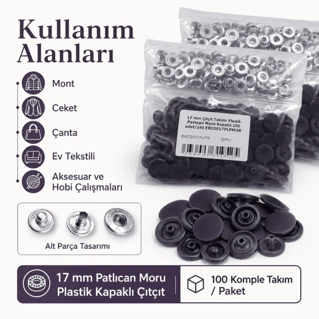 17 mm Aubergine Purple Plastic-Capped Snap Fastener Set for Apparel and Accessories