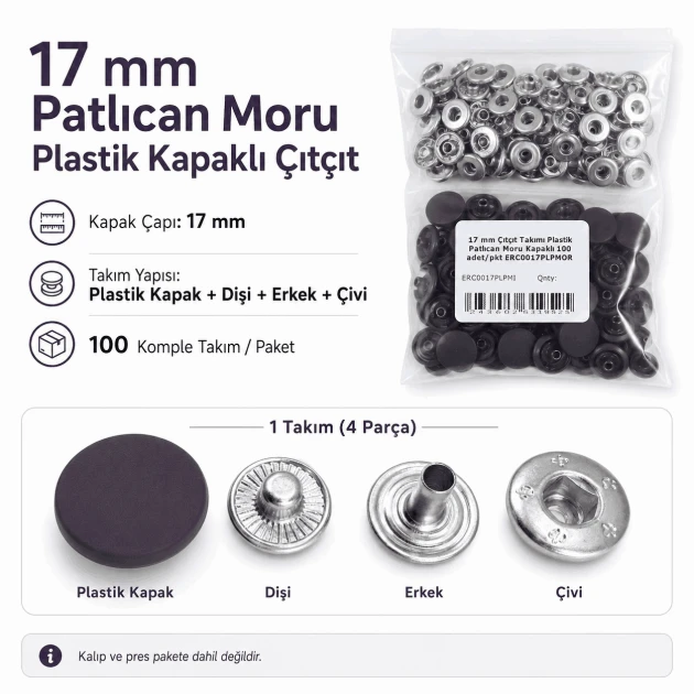 17 mm Aubergine Purple Plastic-Capped Snap Fastener Set for Apparel and Accessories