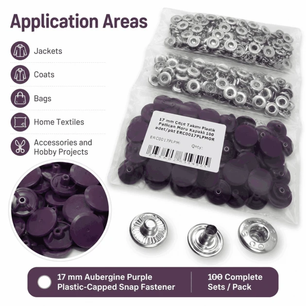 17 mm Aubergine Purple Plastic-Capped Snap Fastener Set for Apparel and Accessories