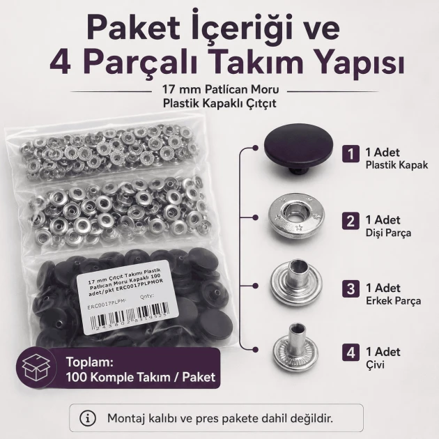 17 mm Aubergine Purple Plastic-Capped Snap Fastener Set for Apparel and Accessories