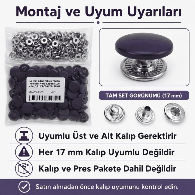 17 mm Aubergine Purple Plastic-Capped Snap Fastener Set for Apparel and Accessories