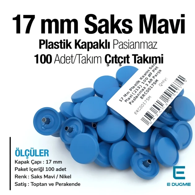 Plastik Kapaklı 17 mm Çıtçıt Takımı Saks Mavi 100 adet/pkt ERC0017PLSMavi