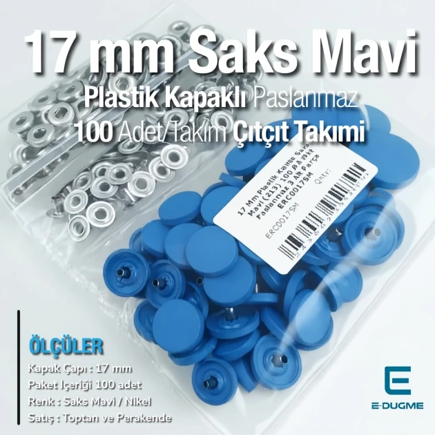 Plastik Kapaklı 17 mm Çıtçıt Takımı Saks Mavi 100 adet/pkt ERC0017PLSMavi