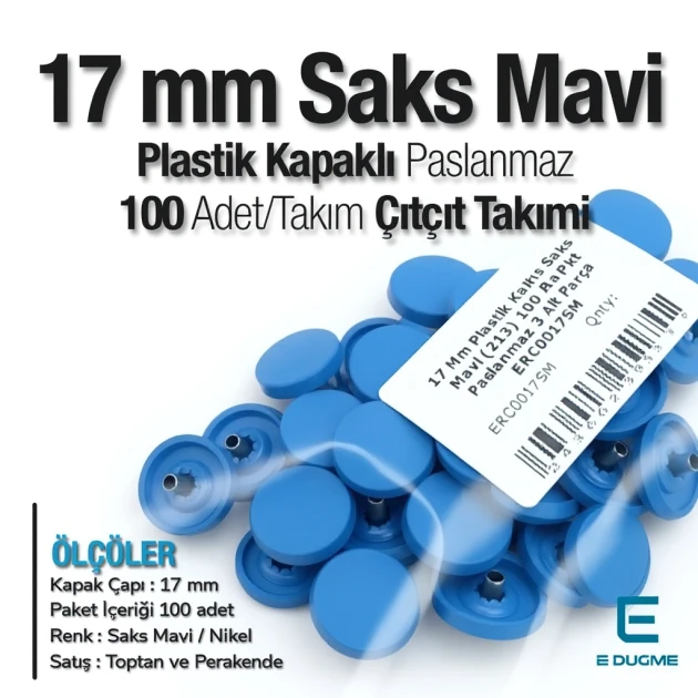 Plastik Kapaklı 17 mm Çıtçıt Takımı Saks Mavi 100 adet/pkt ERC0017PLSMavi